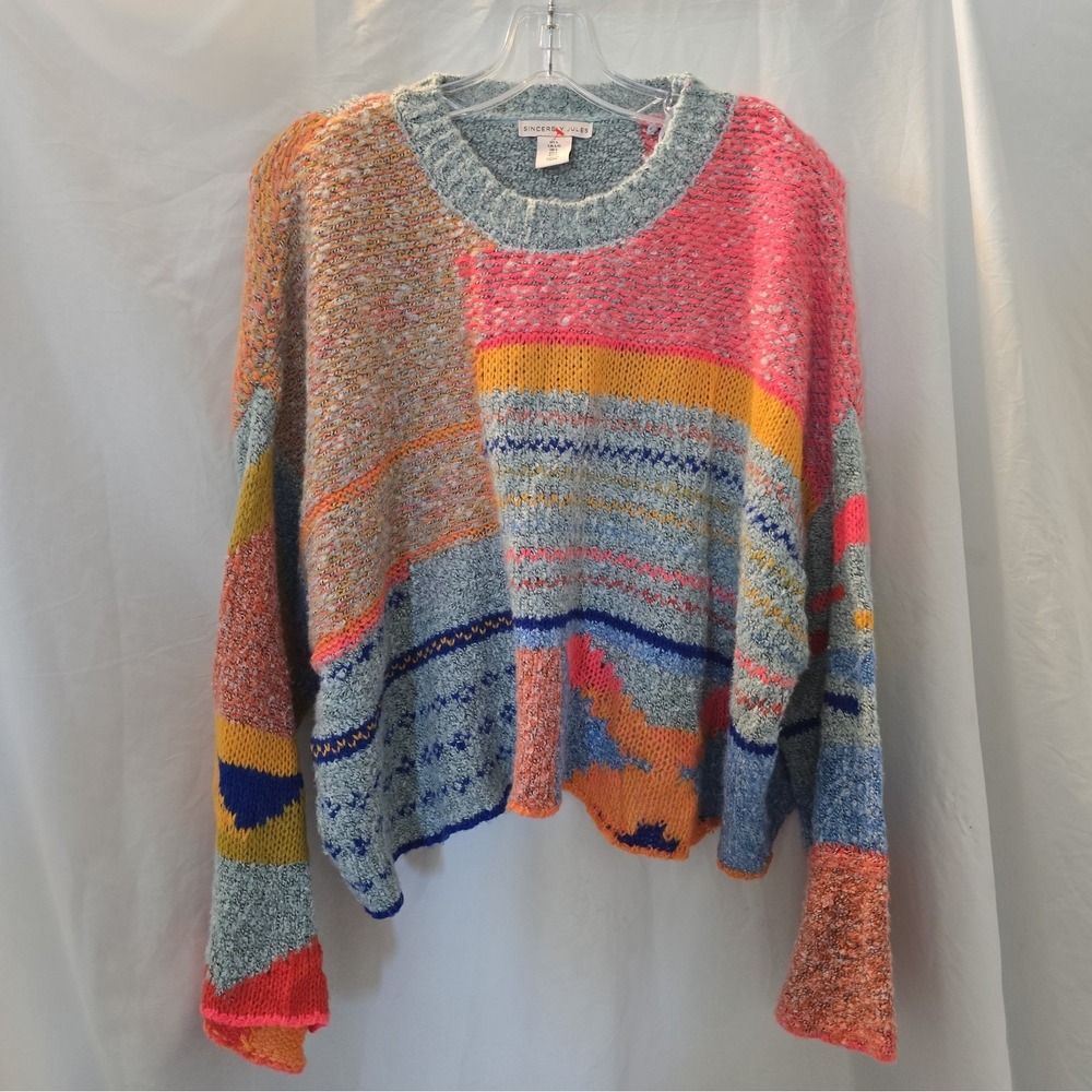 Sincerely Jules Vibrant Patchwork Crew Neck Cropped Sweater Slouchy Boho-chic L